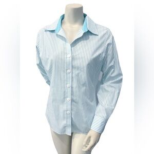 Foxcroft Women’s 12 Non Iron Aqua White Stripe Button Front Shirt Blouse Fitted
